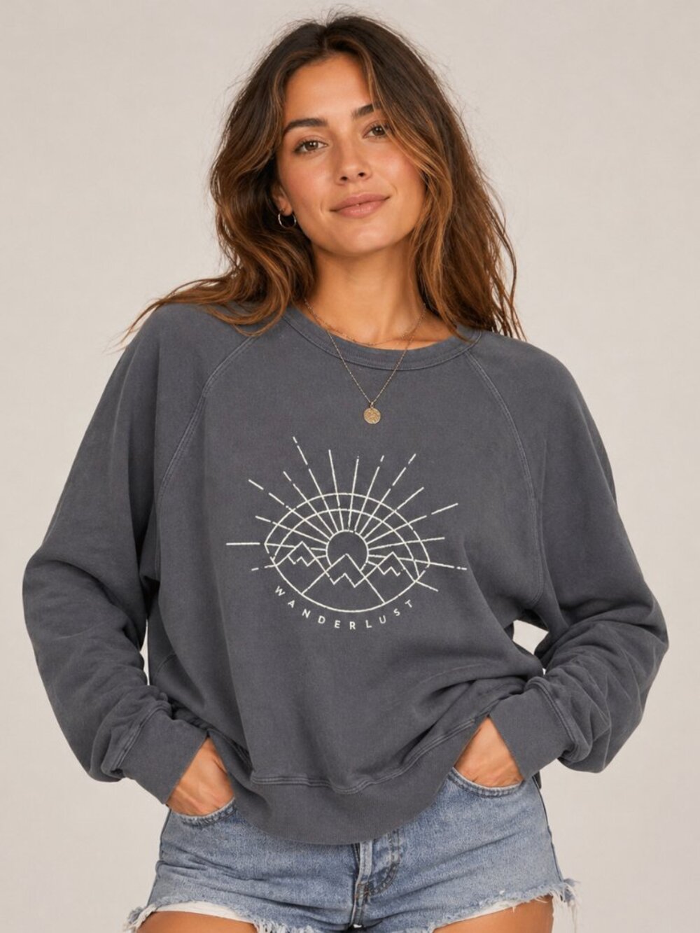Wanderlust Organic Cotton Sweatshirt Medium Gray Mountain Sun Graphic Made USA